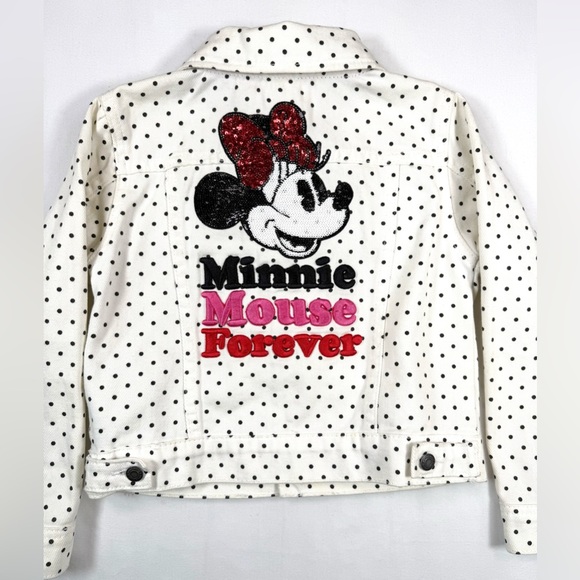 DISNEY Girls Minnie Mouse Forever Jacket 5/6 Polka Dot Denim Embroidered Sequins - Picture 1 of 16